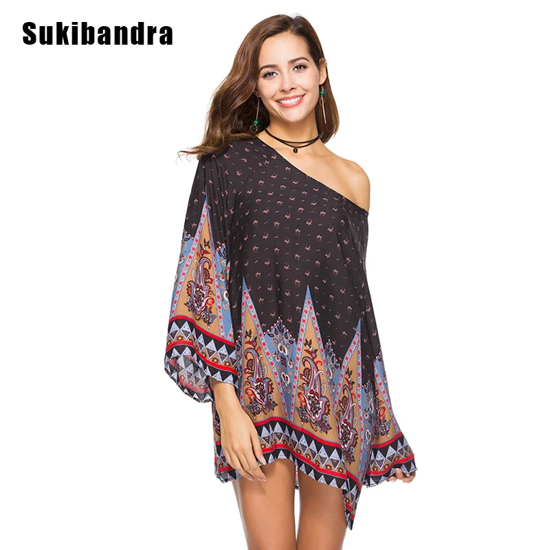 Sukibandra новое летнее 2018 платье с длинными рукавами и принтом для женщин Свободные повседневные богемные платья с круглым вырезом Бохо