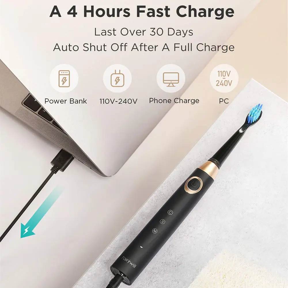 Fairywill 508 Sonic Electric Toothbrush Rechargeable 3 Brush Heads 2 Mins Timer Brush 5 Modes Fast Charge Tooth Brush for Adults Fairywill 508 Sonic Electric Toothbrush Rechargeable 3 Brush Heads 2 Mins Timer Brush 5 Modes Fast Charge Tooth Brush for Adults