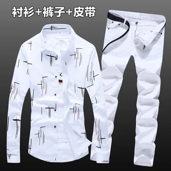 

Spring Autumn Mens Cotton Pattern Long Sleeve Shirt Long Trousers 2pcs Set Casual Clothing Top Shirts Jeans Pants For Male E36