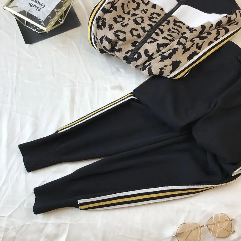 2022 Spring And Autumn New Sports And Leisure Women's Suit Leopard Knit Cardigan Sweater Jacket Two-piece Suits Pants Sportswear matching lounge set