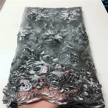 

2020 beads Lace Fabric grey High Quality African French Swiss Lace Fabric With 3D Flower,Stones&Beads For Nigerian Wedding Dress