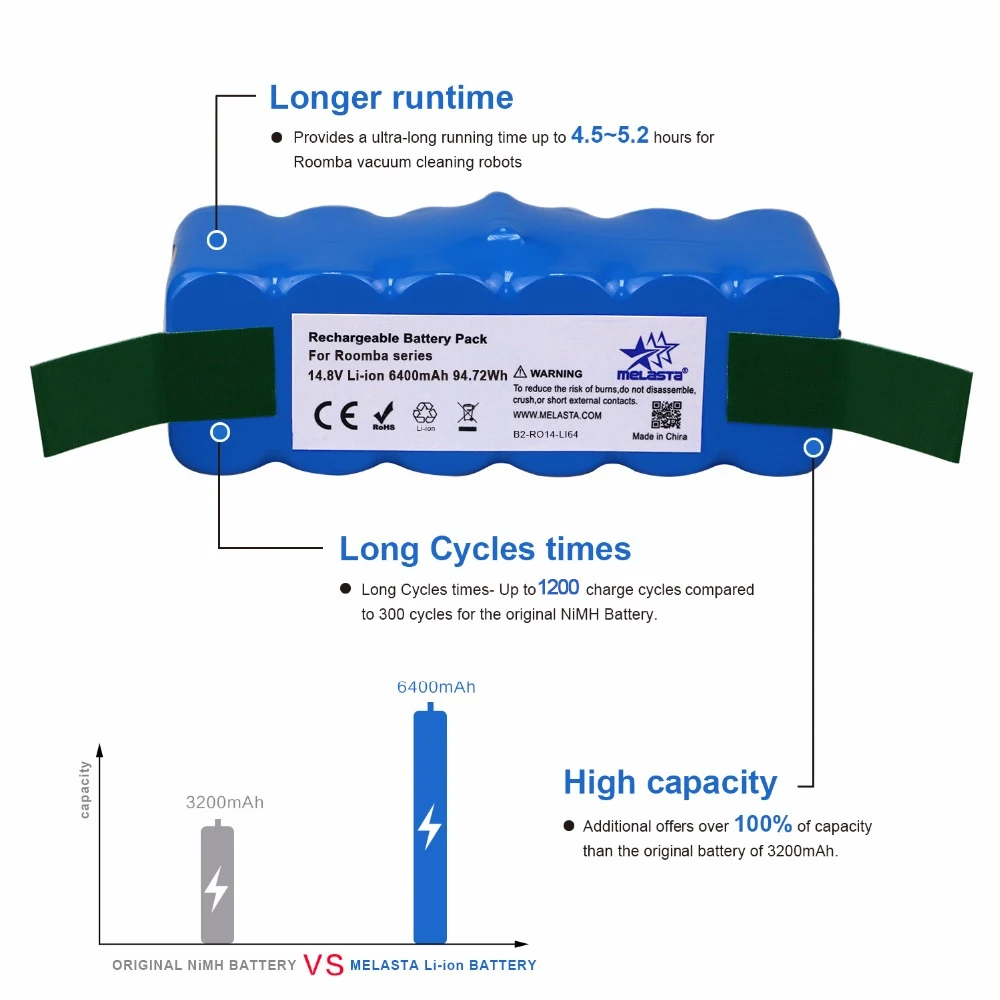 

Li-ion Battery 14.8V 6.4Ah for iRobot Roomba 500 600 700 800 Series 510 530 550 560 580 620 630 650 760 770 780 790 870 880 R3