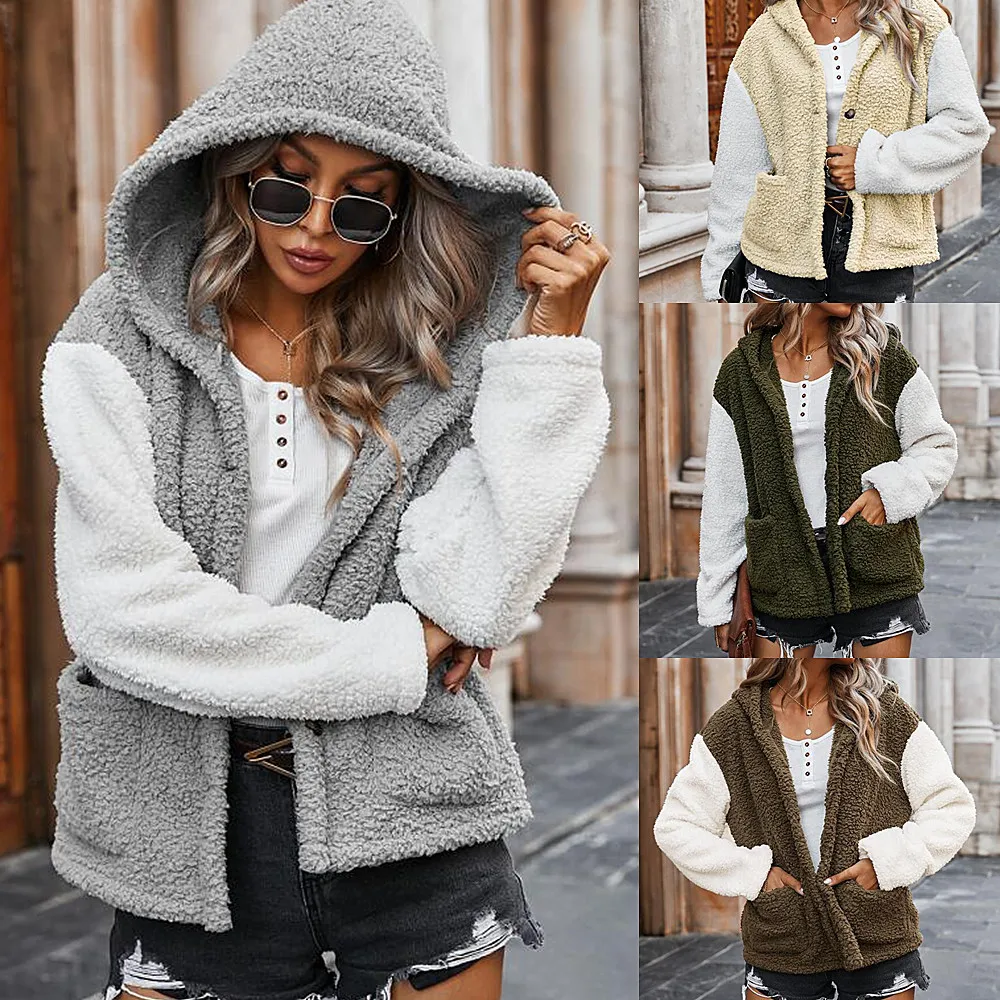 

New Autumn / Winter 2020 Color Matching Hat Collar Coat For Women's Thickened Long Sleeve Pocket Loose Type