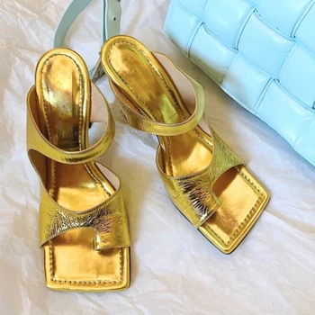 

Brown black Square peep toe Summer Mules Slides Outdoors Flat Beach Sheos Sexy High Heels Sandals Runway Party Dress Shoes Woman