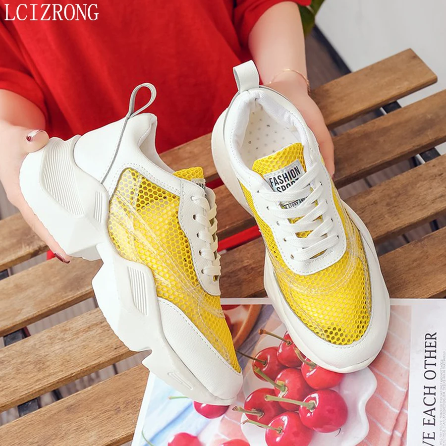 

LCIZRONG Summer Women Mesh Shoes Hollow Breathable Woman Sneakers Yellow White Travel Walking Fashion Shoes
