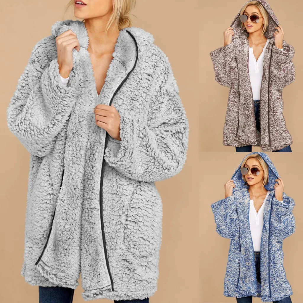 

Women Elegant Fuzzy Open Front Hooded Cardigan Jacket Coat Autumn Winter Warm Soft Fur Jacket Female Plush Overcoat Pocket #D2