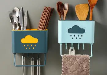

1PC Wall Mounted Cutlery Drainer Rack with Drip Tray Utensils Organizer Spoon Fork Chopstick Holder Caddy Kitchen Gadget OK 1158