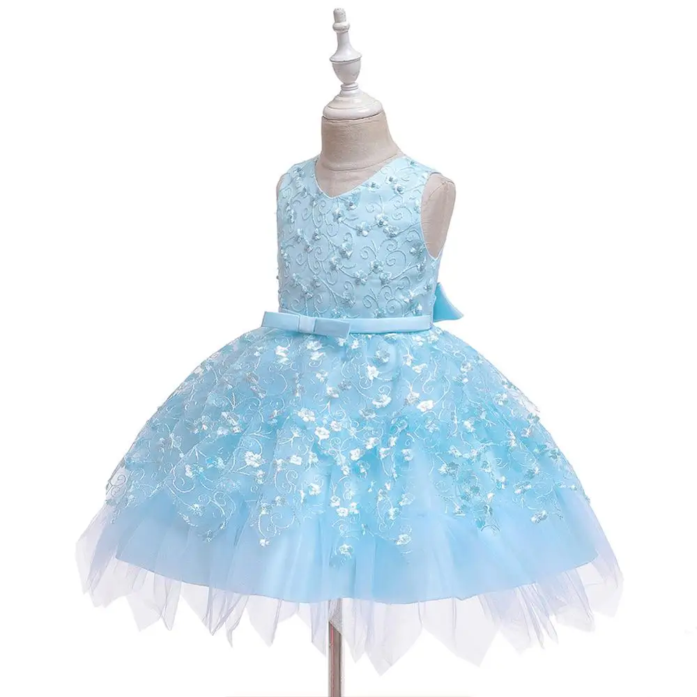 Light Blue Красивые короткие детские Платья с цветочным узором для девочек, Пышное Платье для дня рождения, выпускного вечера, Детские бальные платья с кружевной аппликацией для причастия - Цвет: Light Blue