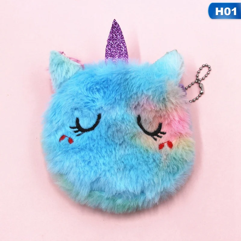 Cartoon Plush Unicorn Coin Purse Cute Cat Fur Circle Wallet Girl Clutch Embroidered Bag Key Earphone Organizer Pouch Kids Gift coin purse plush coin purse
