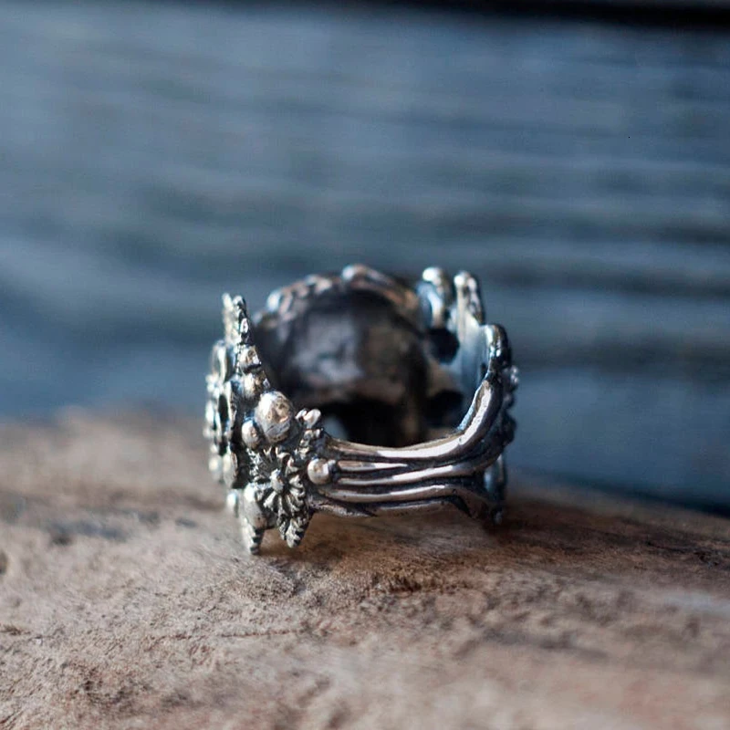 Flower Sugar Skull Rings Goth Silver Flowers Stainless Steel Ring Women's Punk Fashion Jewelry