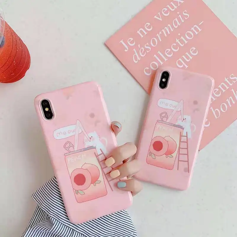 

Cute cat phone case for iPhone 7 case pink peach drink IMD soft silicone case for iPhone6 6s 8plus XS Max XR X case cover coque