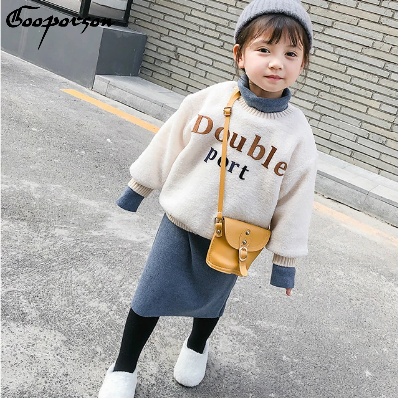 

Kids Girls High Collar Sweat Shirt and Pencil Skirt Clothes Set Winter Warm Outfits Two Pcs Children Suit Elegant Kids Wear