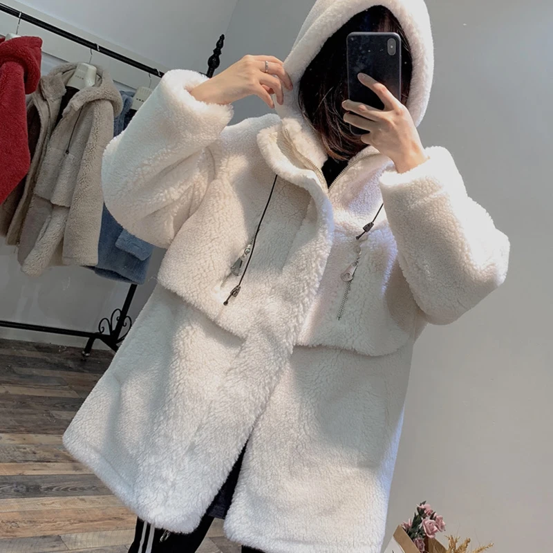 White Пальто из искусственного меха с капюшоном Новое модное зимнее пальто для женщин 30% шерстяное пальто для женщин размера плюс плюшевое Пальто Толстая Теплая Повседневная одежда - Цвет: White