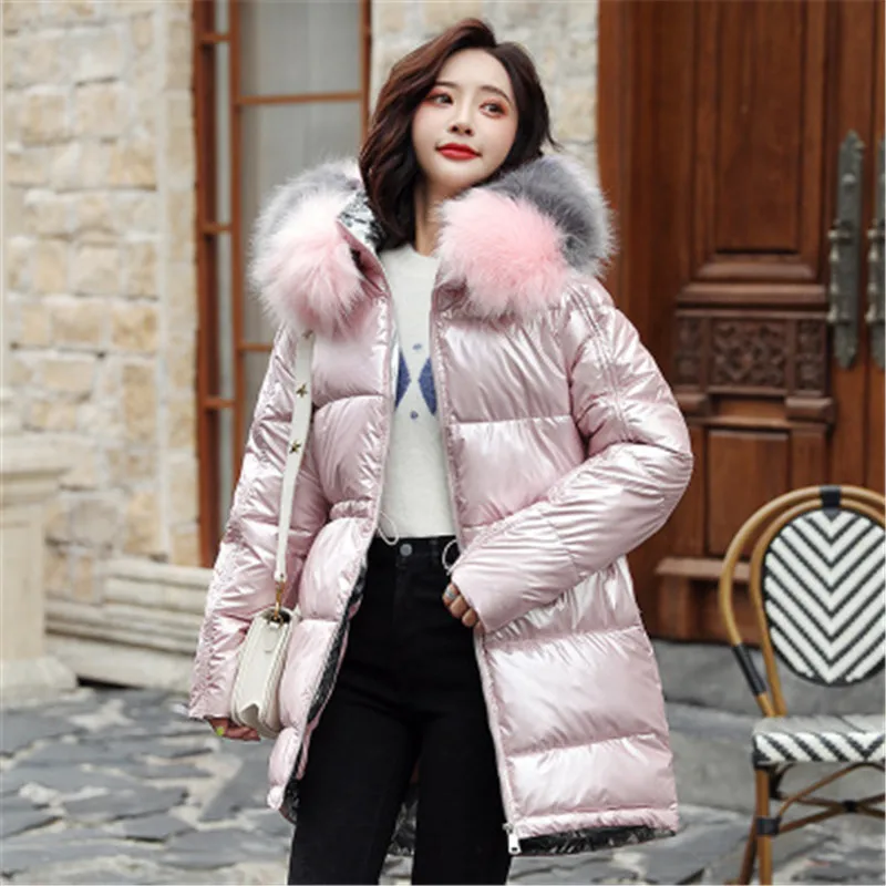 Pink Модная женская зимняя короткая парка с воротником из искусственного меха, пальто с капюшоном и хлопковой подкладкой, женские блестящие парки, женские толстые теплые куртки - Цвет: Pink