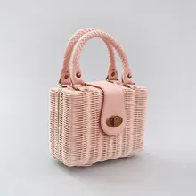 

Casual Rattan Woven Box Women Handbags Straw Splice PU Leather Women's Bag Summer Beach Small Square Tote Bags For Women Handbag