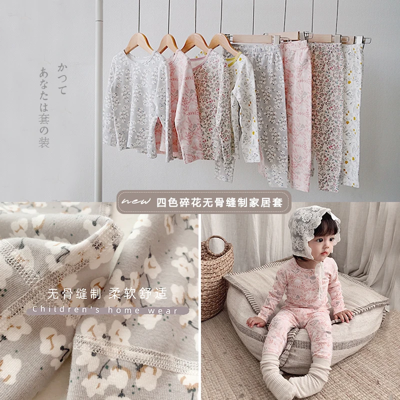 

2019 autumn new baby girls flower long sleeve pajamas children cotton round collar leisure homewear