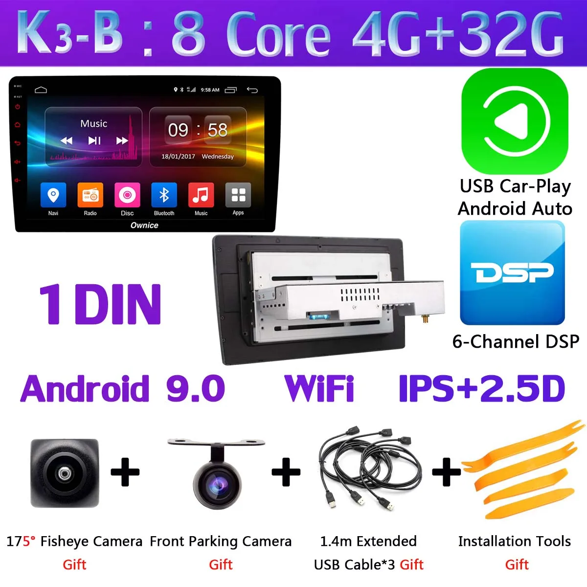 1 Din-K3-B-CarPlay Ownice K3 ультратонкий 1 din Android 9,0 Quad/Octa Core 4G+ 32G Автомобильный мультимедийный плеер WiFi радио стерео gps навигация DSP CarPlay - Цвет: 1 Din-K3-B-CarPlay