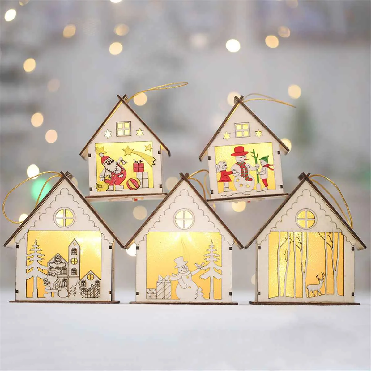 

Christmas Tree Decoration LED Hanging Wooden House New Year Wedding Garland New Year Christmas Decor For Home Decor