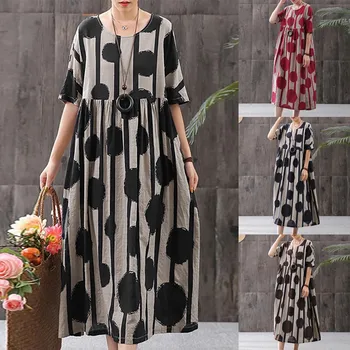 

Women Dress Ladies Summer Fashion Plus Size O-Neck Dot Print Vintage Short Sleeve Loose Long Dress Casual Beach Vestidos M140#