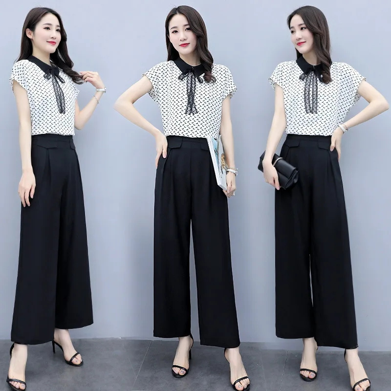 

Set/Suit Skirt 2019 Summer Crew Neck Short Sleeve Printed Elegant Versatile Elegant Loose Pants Two-Piece Set