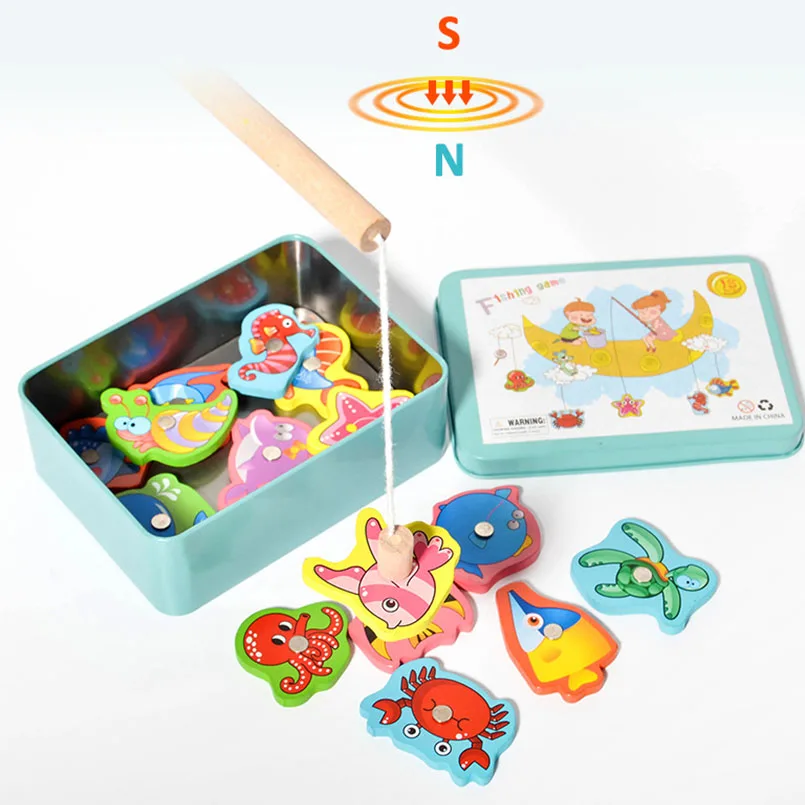 Baby Wooden Magnetic Fishing Game Toys Set Iron Box Novelty Cognition Cartoon 3D Wood Funny Undersea Fish Toy Gifts 16Pcs/set educational toys,fishing toys,fishing game