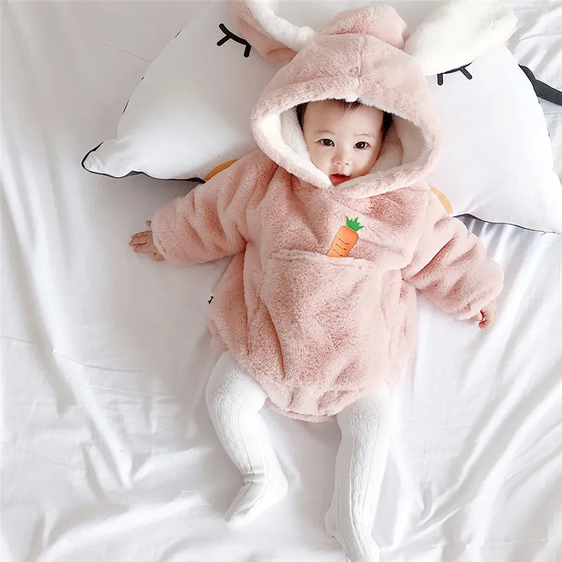 Newborn Baby Romper Faux Fur Baby Winter Clothes Baby Clothes Hooded Girl Romper Thick Boy Romper Rabbit Toddler Jumpsuit