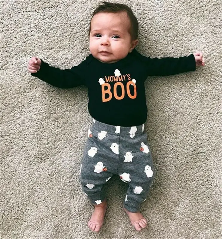 0-24M Halloween Baby Costumes Newborn Infant Baby Boy Girl Clothing Set Cartoon BOO Letter Romper + Pants + Hat Outfits
