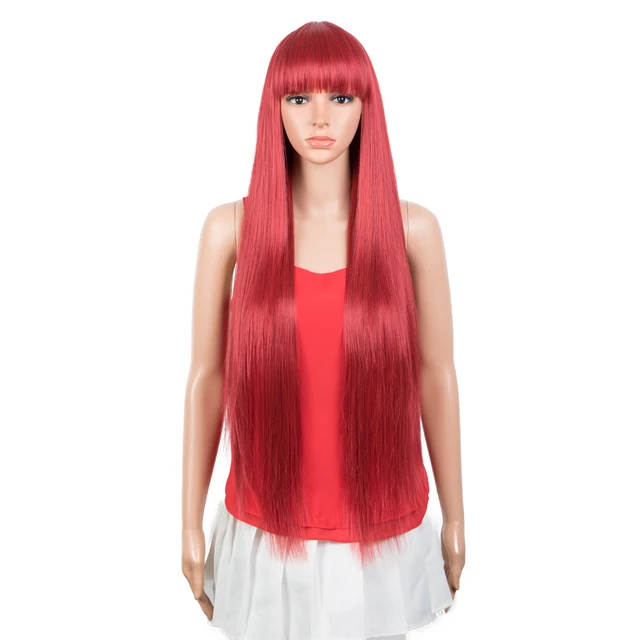 FASHION IDOL Synthetic Wig With Bangs 36 Inch Long Straight Wig Cosplay Ombre Blond Wigs For Black Women Heat Resistant Fiber M.RED