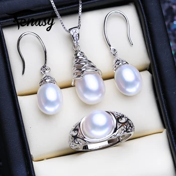 

FENASY 925 Sterling Silver Jewelry Sets Natural Pearl Drop Earrings Necklace Luxury Pendant Chain Necklaces For Women Ring Set