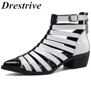

Drestrive 2020 Summer Women Ankle Boots Genuine Leather Zipper Thick Heels 4.5 cm Pointed Toe Buckle Fashion Real Leather