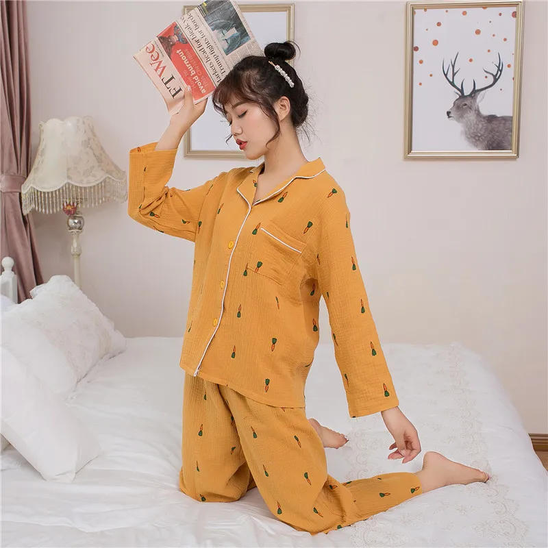 Full Printed Carrot Picture Cotton Cardigan V-neck Pajamas Set for Ladies Autumn and Winter Cute Sweet Home Clothes Women Pijama