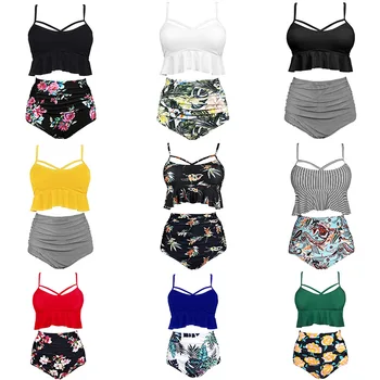 

Sexy Bikini Set 2020 Lady Vintage Retro Floral Ruffle Swimwear Women Female High Waist Swim Suit Plus Size Monokini Trikini