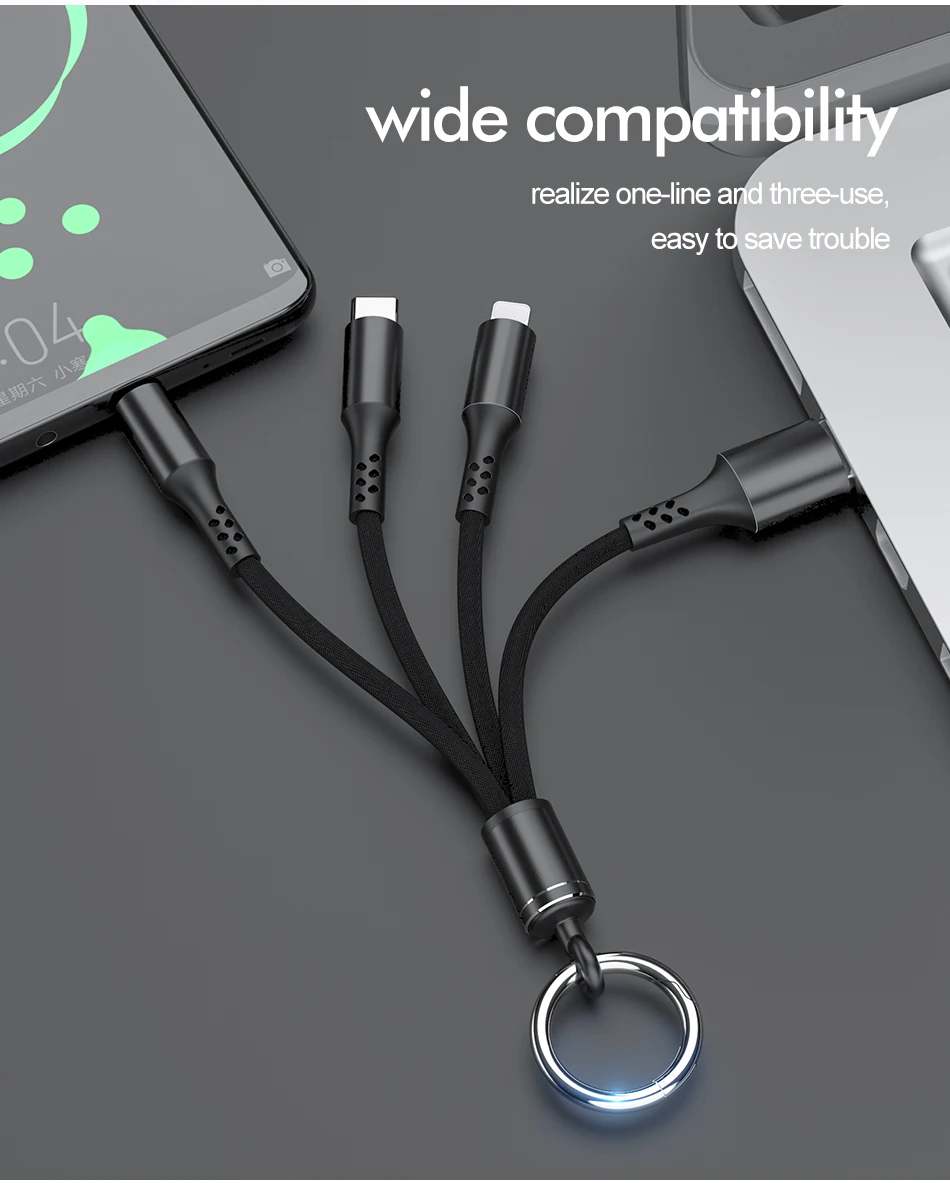 ROCK 3 в 1 Micro usb type C кабель для iPhone 11 samsung Xiaomi Мобильный телефон Android шнур портативный мульти брелок Синхронизация данных провод
