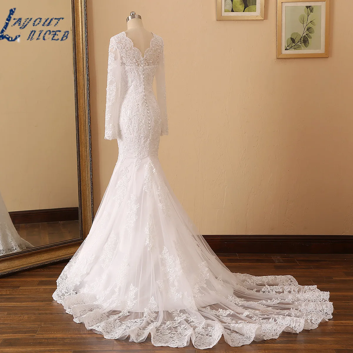 Mermaid Wedding Dresses Long Sleeves V Neck Beading Lace Applique Bride Gown wedding dresses