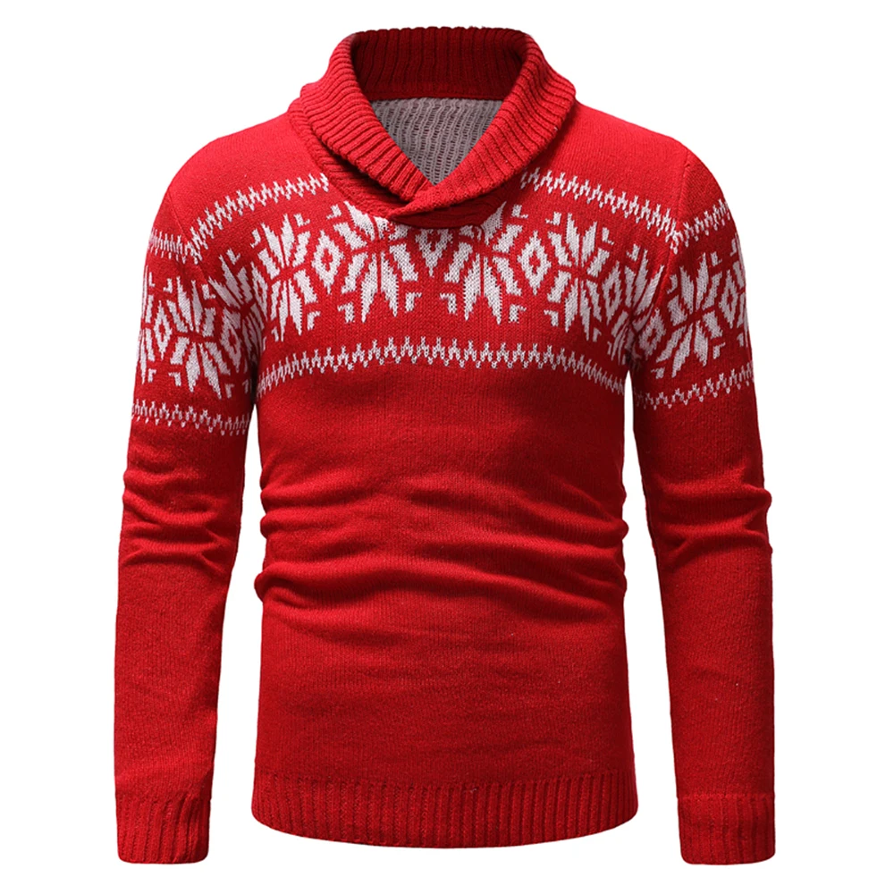 Mens Two Buttons Neck-line Pullover Christmas Sweater Autumn Winter Turndown Collar Casual Snowflake Printed Knitted Sweaters