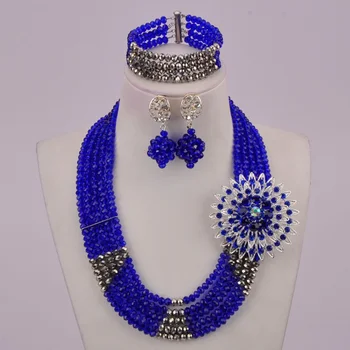 

Royal Blue and Silver African Jewelry Set Nigerian Beads Bridal Jewelry Sets for Women