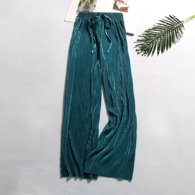 Женские повседневные эластичные брюки с высокой талией, новые модные свободные длинные брюки, плиссированные брюки, женские широкие брюки, Feminino Vestido - Цвет: Peacock blue