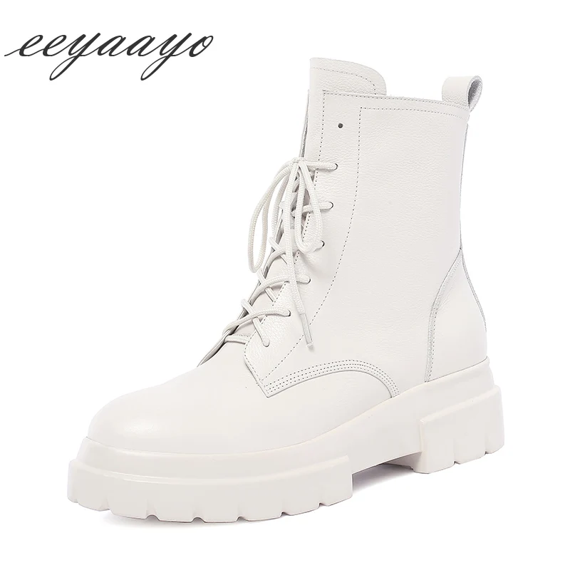 

2019 New Genuine Leather Winter Women Ankle Boots Middle Flats Heel Round Toe Casual Women Platform Shoes Beige Warm Short Boots