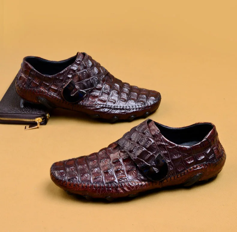 Качественные черные лоферы из натуральной кожи; мужская обувь ручной работы с пряжкой и ремешком; Повседневная Роскошная Брендовая обувь из крокодиловой кожи