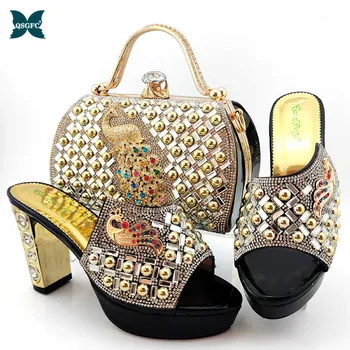

Black Color Italian design Special Lady Shoes and Bags To Match Set Decorated Sandals and Bags To Match Elegant Party Nigerian