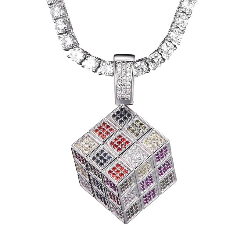 Silver Хип хоп Bling Iced Out квадратные игральные кубики медь золото серебро кубический циркон ожерелья и подвески для мужчин ювелирные изделия с теннисной цепочкой - Окраска металла: Silver