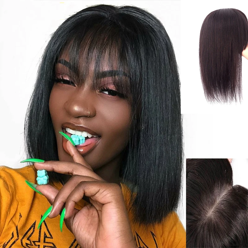 

100% Human Remy Jet Black Machine Made Toppers For Women Toupee Breathable Toppers For Thinning Hair With Bangs Brazilian Hair