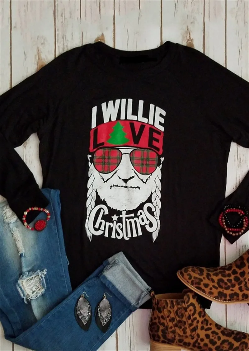 I WILLIE LOVE CHRISTMAS Long Sleeve T Shirt Women Casual O-Neck Black Christmas T-Shirt Funny Graphic Tees Fall Clothes Tops