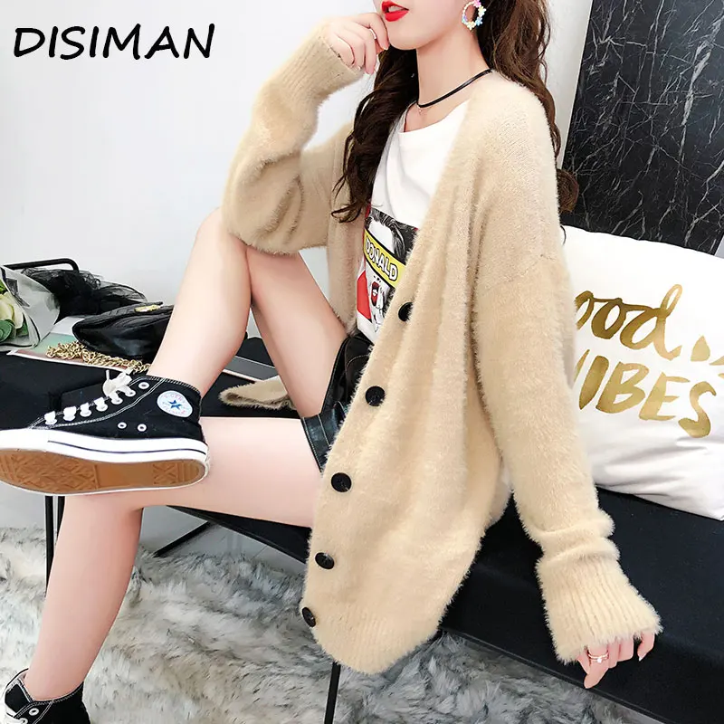 

DISIMAN Fashion Women Fleece Knitwear Cardiganlong Loose Fur Outwear Tops Winter Warm Fluffy Coat Casual heavy jacket Sweater