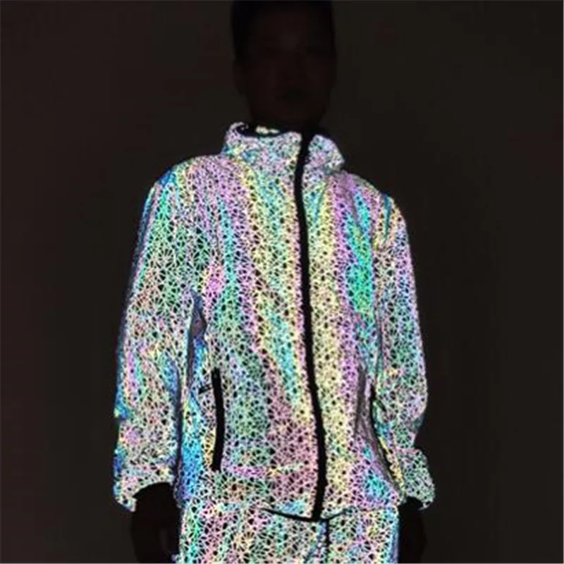 

2019 reflective hooded bomber jacket men camouflage windbreaker mens night shiny colorful geometric coat men jaqueta masculino