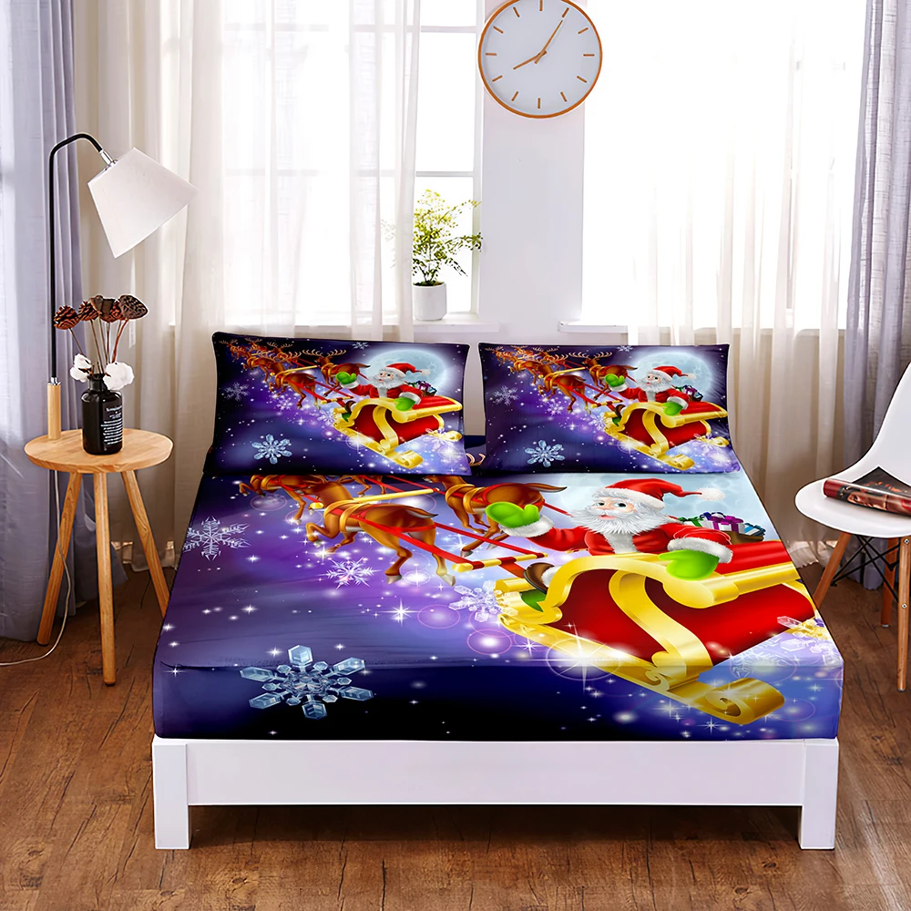 

Merry Christmas Digital Printed 3pc Polyester Fitted Sheet Mattress Cover Four Corners with Elastic Band Bed Sheet Pillowcases