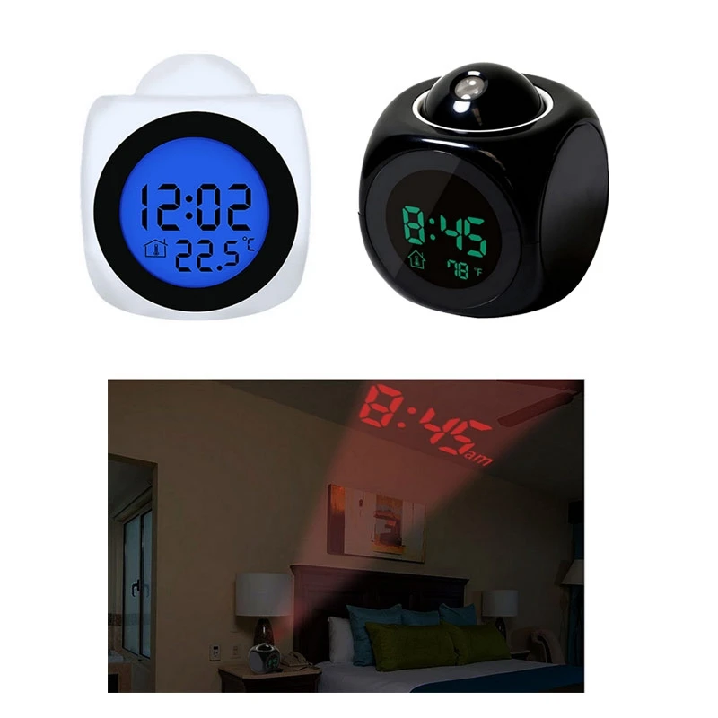 Wall Ceiling Projection Alarm Clock Voice Talking Digital Temperature Display RH 