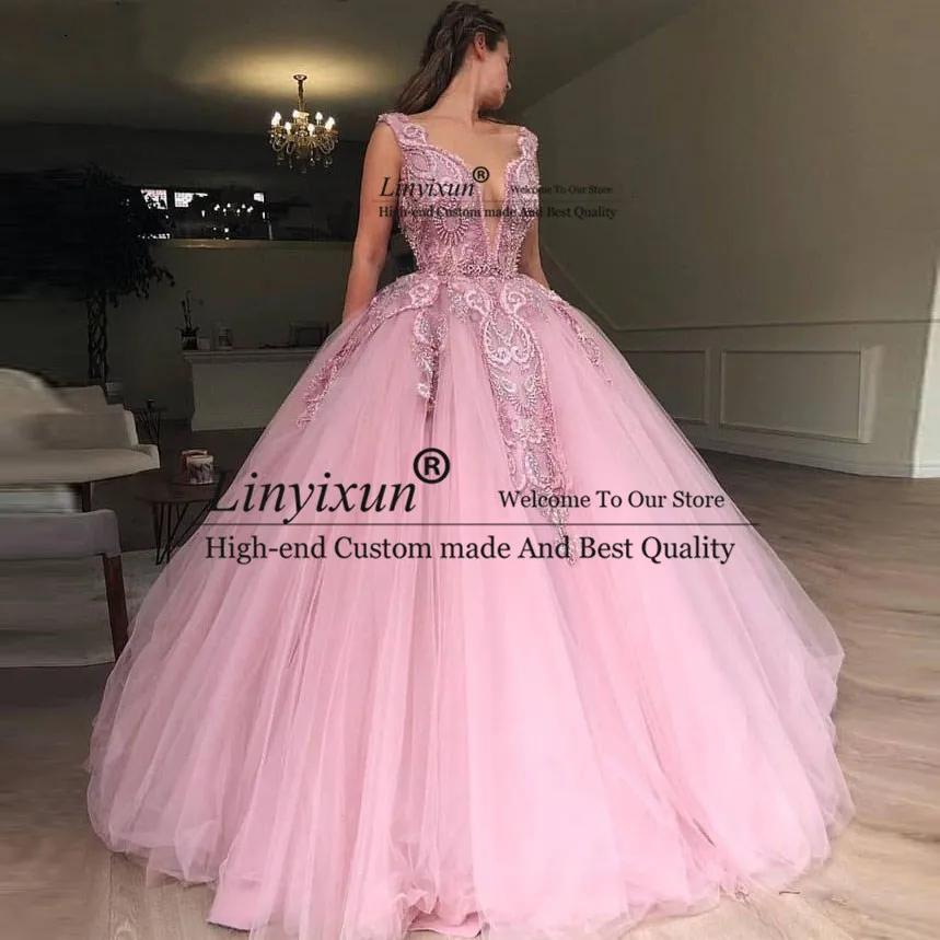 Бальное платье из розового тюля бальное с тяжелыми бусинами для помолвки