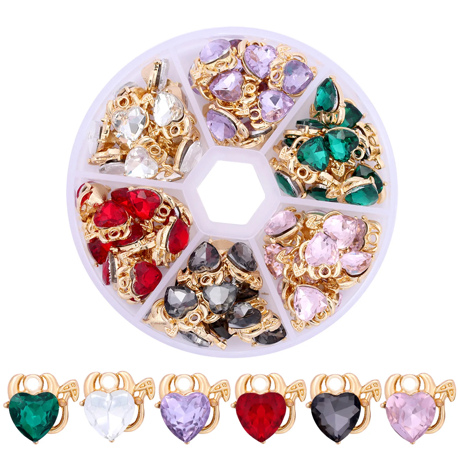 72Pcs/Box Multicolor Shiny Heart Crystal Charms Jewelry for Making DIY Pendant Earrings Necklaces Bracelets Findings Accessories