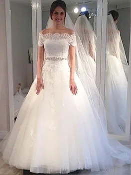 

2020 Elegant Bride Dress Ball Gown Off-the-Shoulder Short Sleeves Tulle Sweep/Brush Train Wedding Dresses for Wedding
